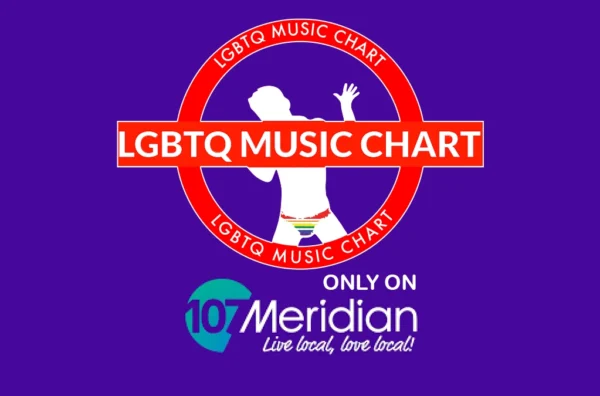 Background purple centred LGBTQ Music Chart logo and Meridian FM logo