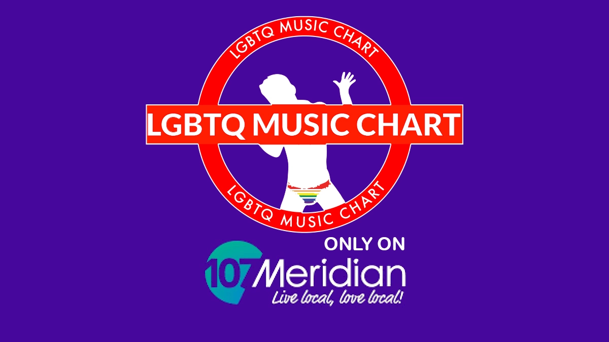 Background purple centred LGBTQ Music Chart logo and Meridian FM logo