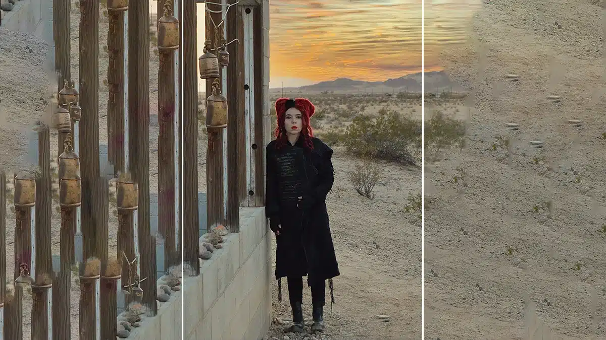 Firebug leaned against the high wooden fence, with winter snow on the ground. She has red hair, wore a black coat, scarf, black boots, and red lipstick.