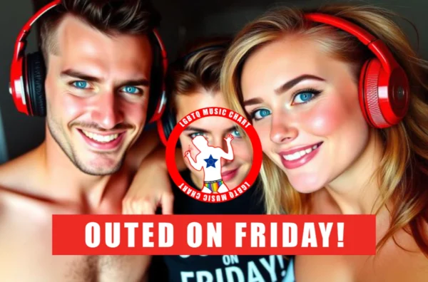 The image presents a photograph of three individuals, each adorned with red headphones, alongside a logo featuring a dancing man. Three people are visible in the photo, gazing into the camera without glasses. They reside in front of a dark background with subtle shadows visible on the edges of each person's face. A label above the trio indicates says "Outed on Friday!" in white letters. Mirrored bottom border contains the phrase "LGBTQ Music Chart" followed by "LGBTQ Music Chart" along the top border in smaller font. At its center is a stylised man dancing in front enclosed by a red circle.