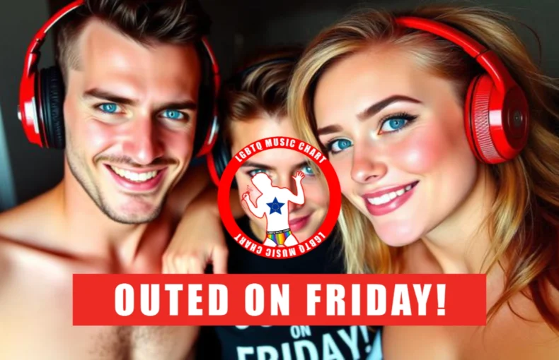 The image presents a photograph of three individuals, each adorned with red headphones, alongside a logo featuring a dancing man. Three people are visible in the photo, gazing into the camera without glasses. They reside in front of a dark background with subtle shadows visible on the edges of each person's face. A label above the trio indicates says "Outed on Friday!" in white letters. Mirrored bottom border contains the phrase "LGBTQ Music Chart" followed by "LGBTQ Music Chart" along the top border in smaller font. At its center is a stylised man dancing in front enclosed by a red circle.